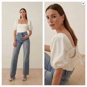Reformation / Women's White Puff Sleeves Barry Top Smocked Tie Back Size 4